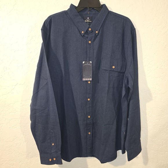 NEW Ben Sherman Herringbone Long-Sleeve Button-Up Navy Blue Shirt XXL - Picture 1 of 5